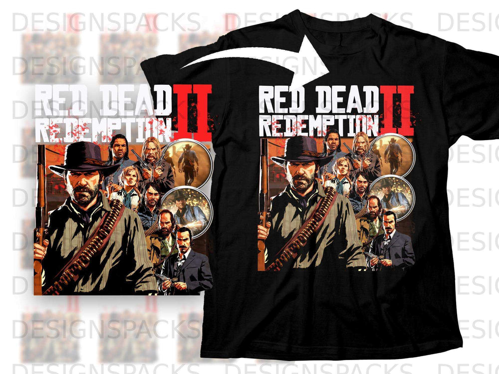 Red Dead Redemption II graphic on black t-shirt.