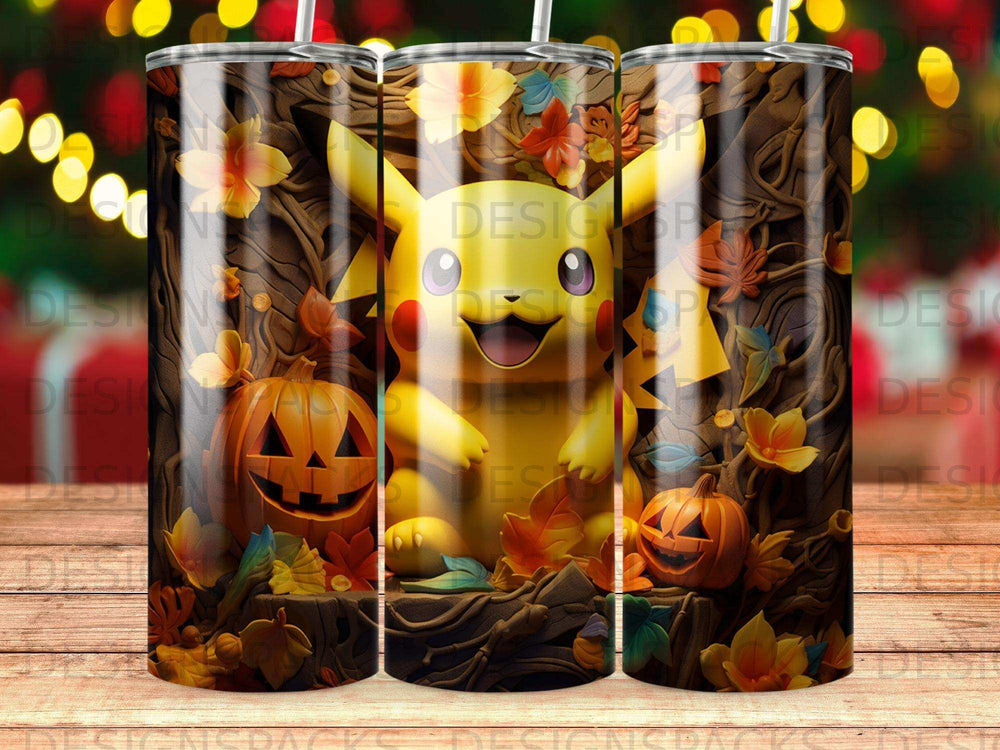 Pikachu with pumpkins and autumn leaves in a forest.