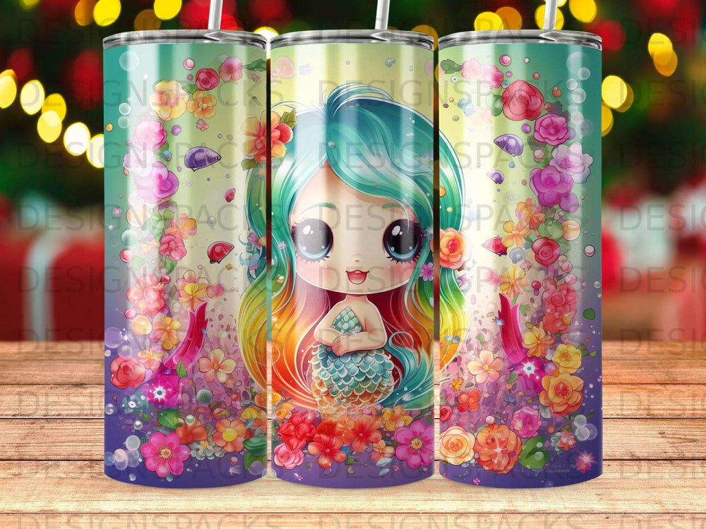 Mermaid with colorful hair and scales, surrounded by flowers.