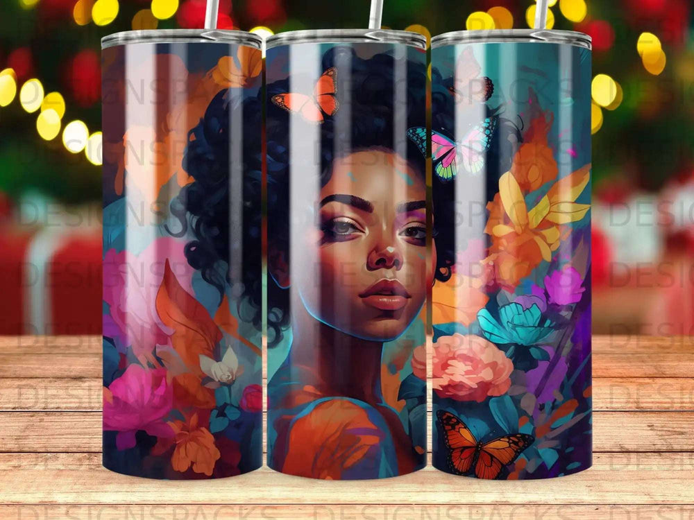 Woman with butterflies and flowers, vibrant art.
