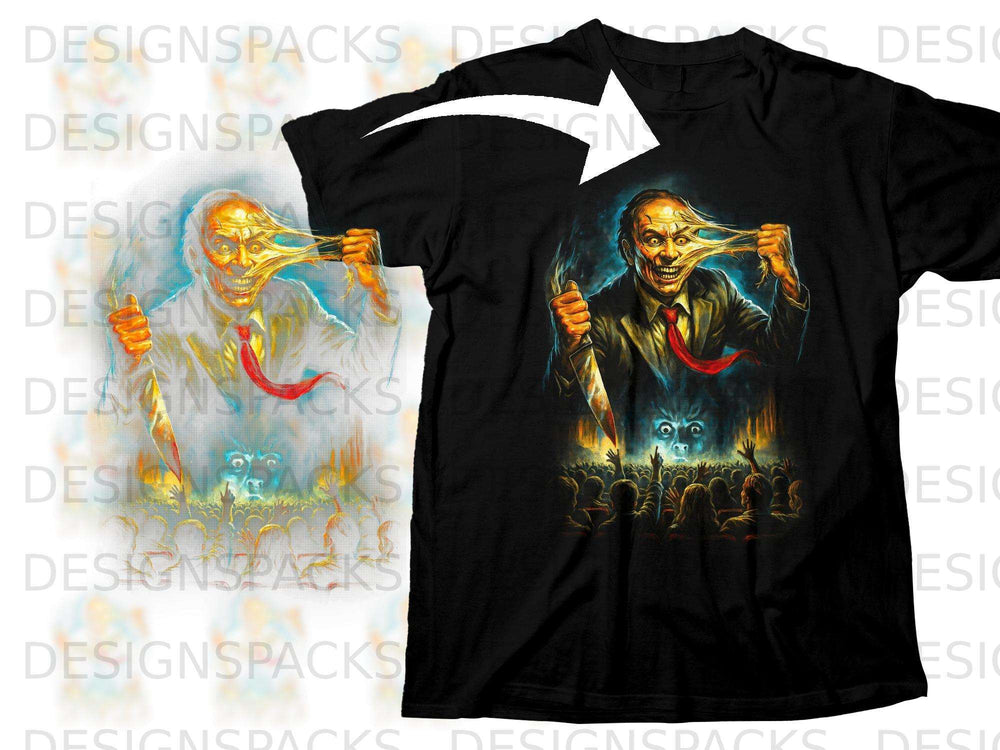 Horror t-shirt graphic with terrifying man pulling his face, holding a knife.