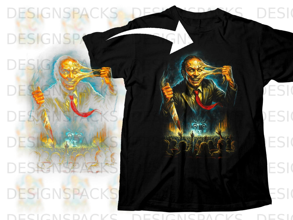 Horror t-shirt graphic with terrifying man pulling his face, holding a knife.