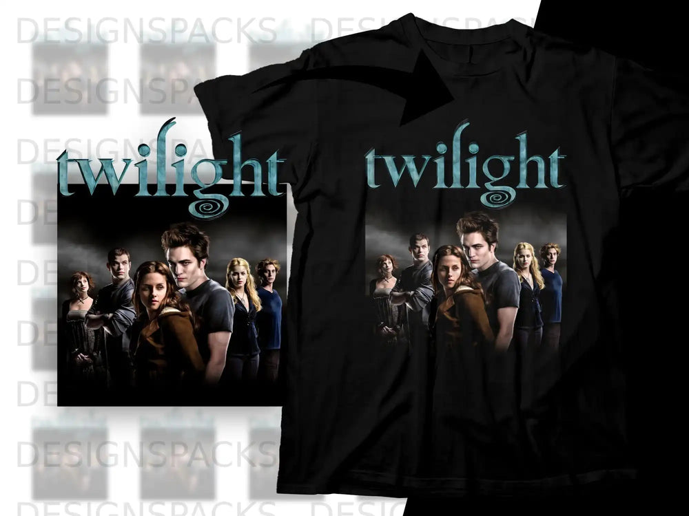Twilight cast members on a black t-shirt design.