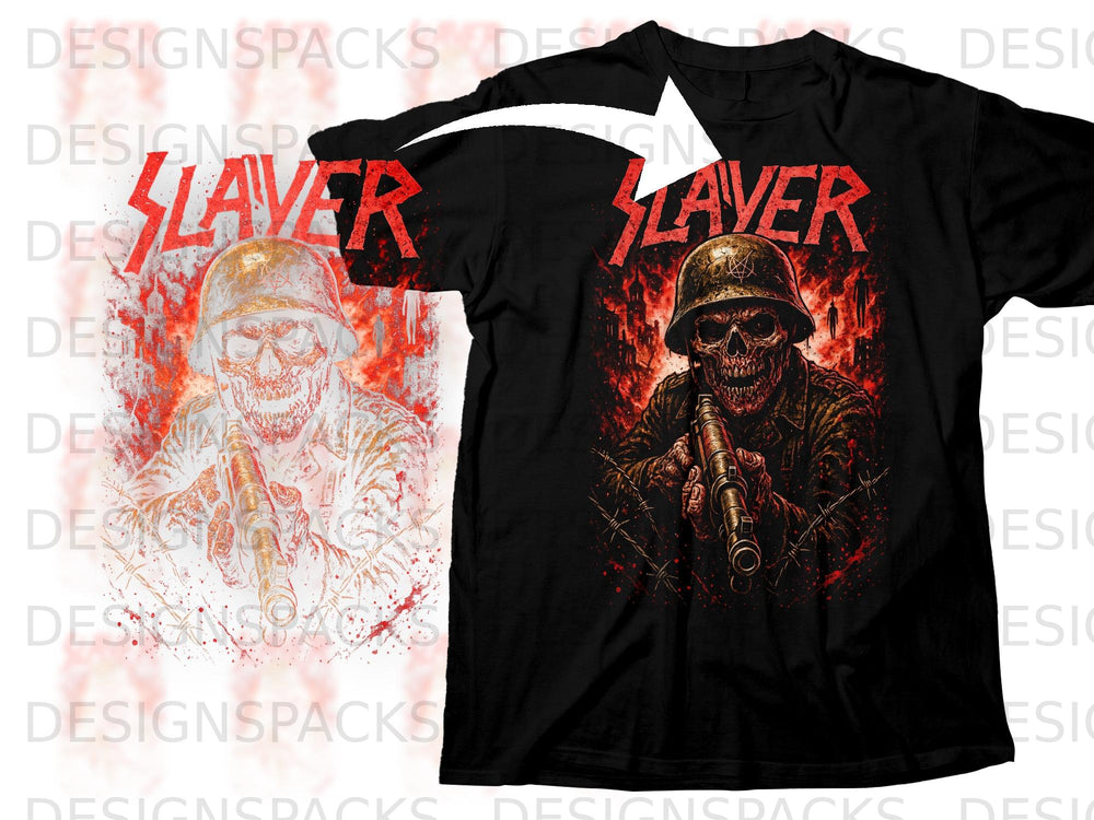 Black t-shirt with Slayer logo and skull soldier graphic.