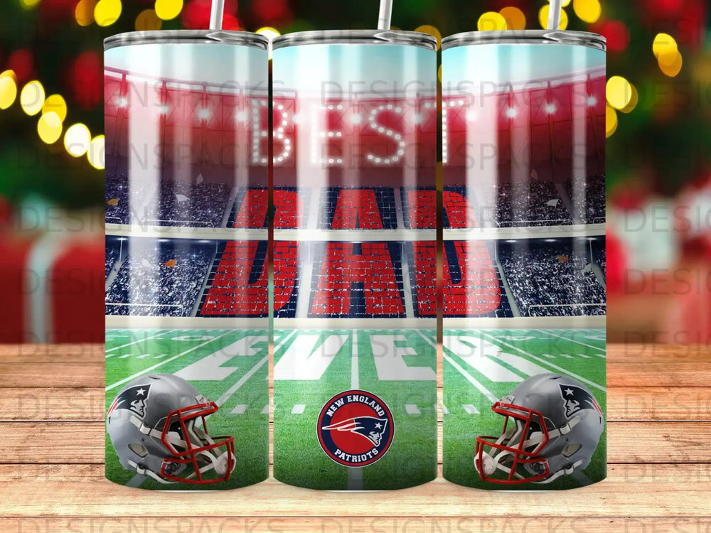 New England Patriots stadium with helmets and "BEST DAD" text.