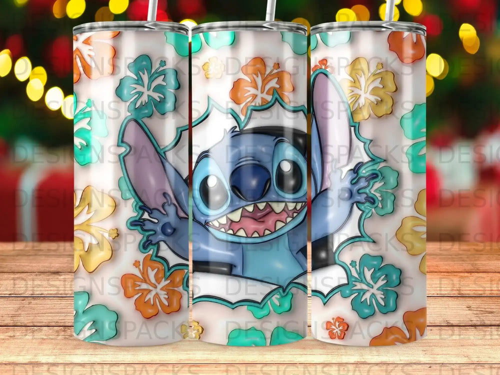 Stitch smiling from a floral frame on a tumbler.