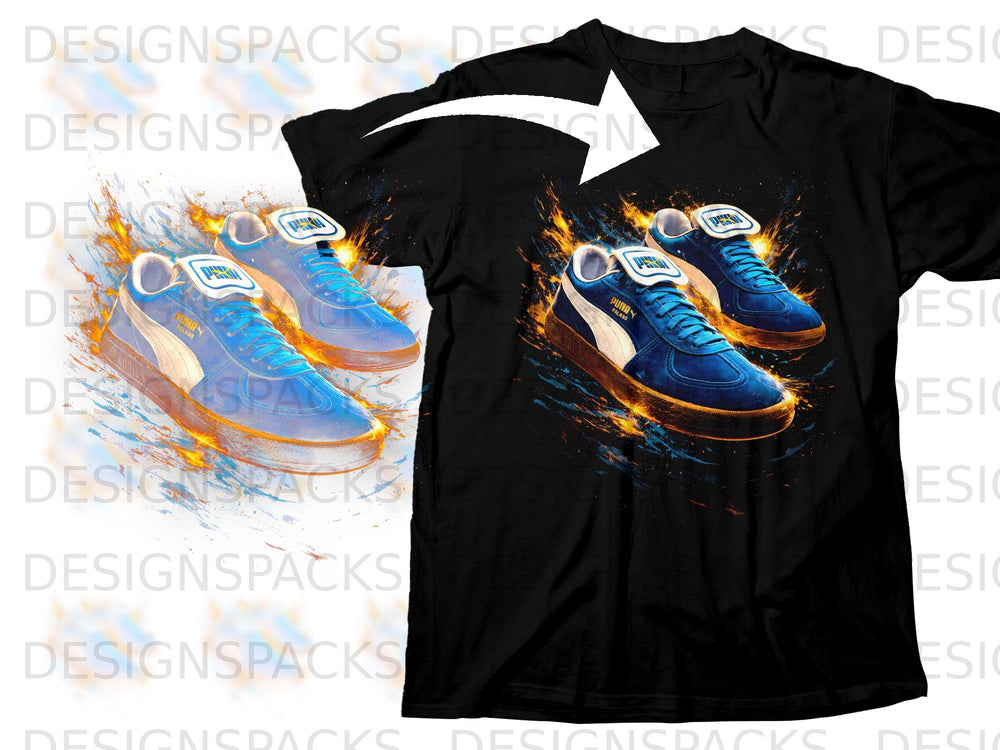 Black t-shirt with a graphic of blue Puma sneakers exploding with fiery energy.