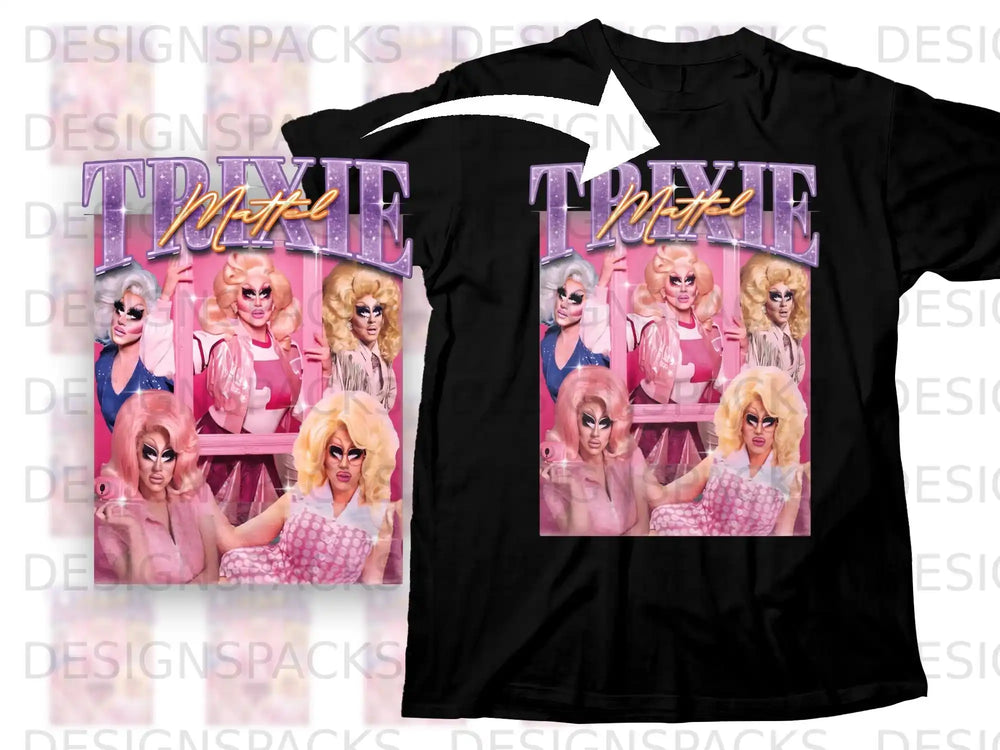 Black t-shirt featuring Trixie Mattel and her drag persona on a pink and gold graphic.