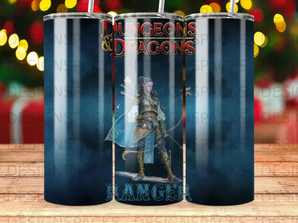 Dungeons & Dragons Ranger logo on a patterned tumbler with dice graphics.