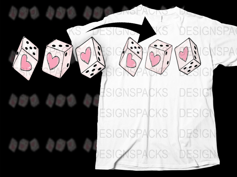White T-Shirt with Pink Heart Dice Pattern, Unique Graphic Tee, Fun Casual Wear