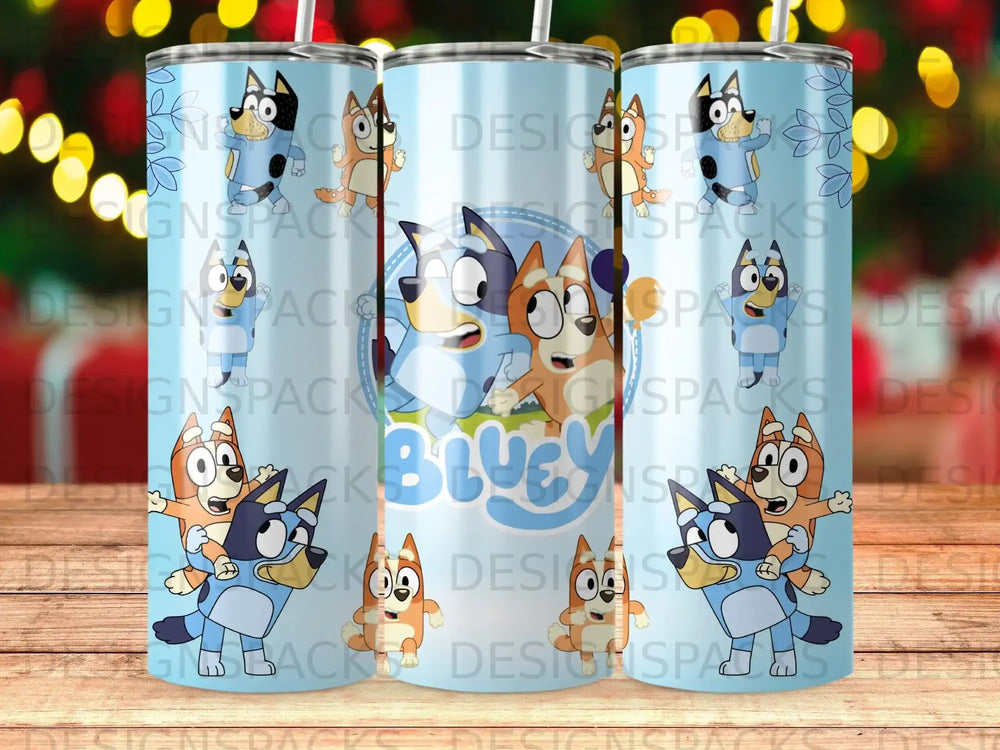 Bluey and Bingo characters on a blue tumbler with floral accents.