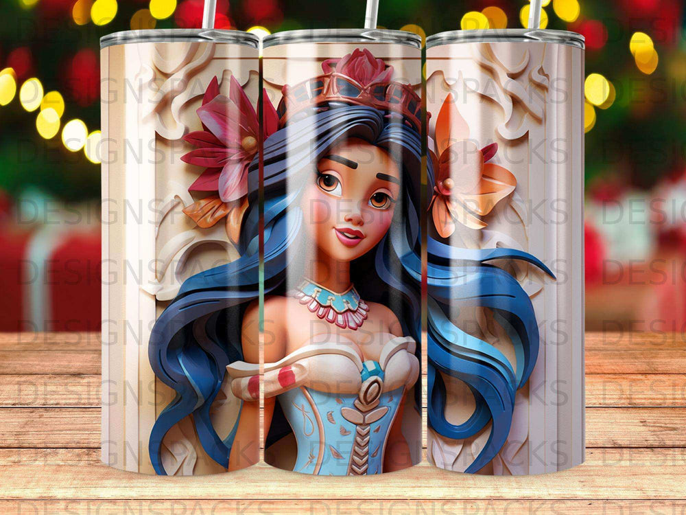 Animated woman with blue hair and crown on a decorated tumbler.