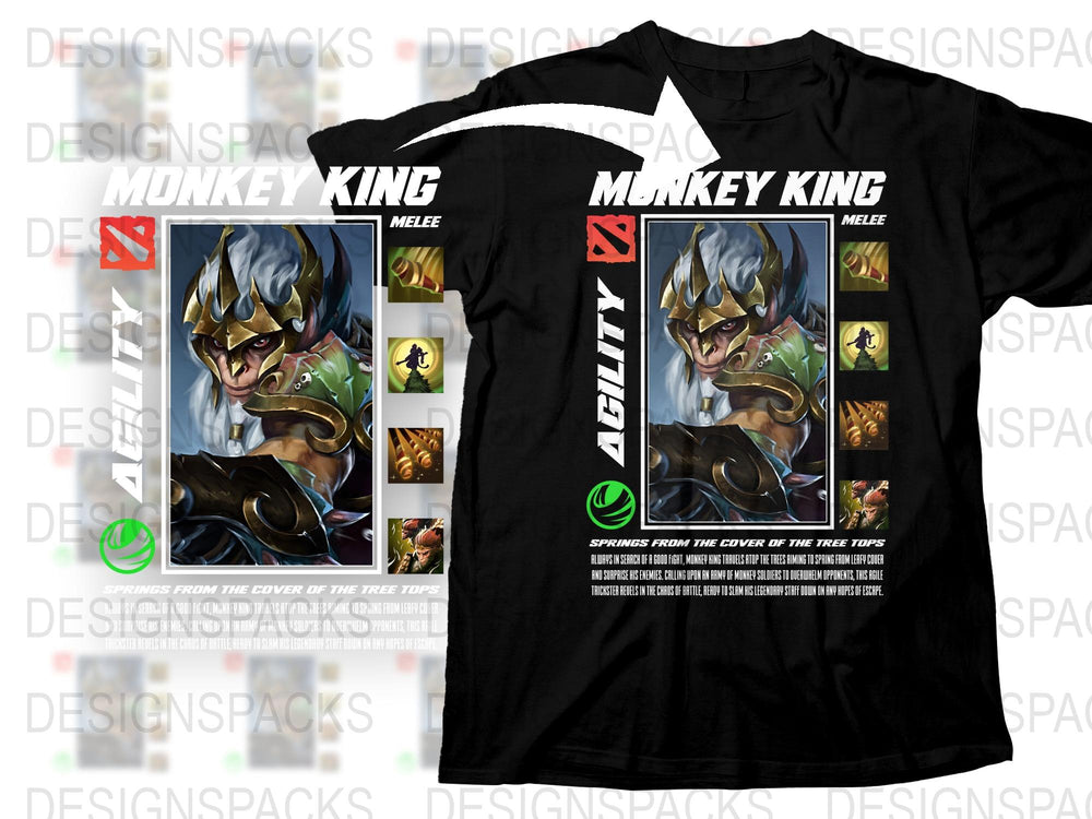 Monkey King Gaming T-Shirt, Black Cotton Tee, Melee Agility Hero Design, Unisex Gamer Apparel