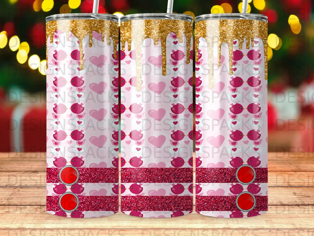 Pink glitter tumbler with dripping hearts and gold accents.