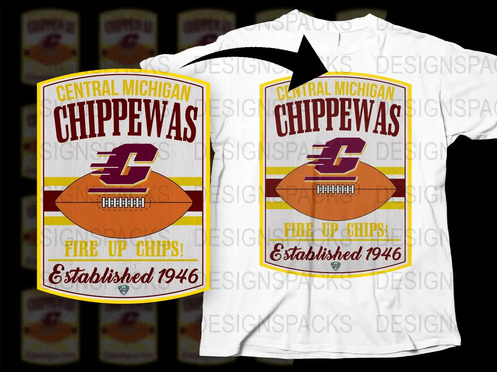 Central Michigan Chippewas T-Shirt, Vintage Football Design, Fire Up Chips, Established 1946 Tee