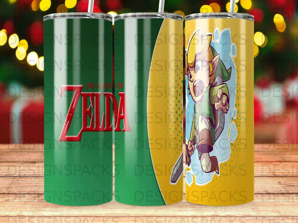 Link from The Legend of Zelda character on a yellow and green patterned tumbler.