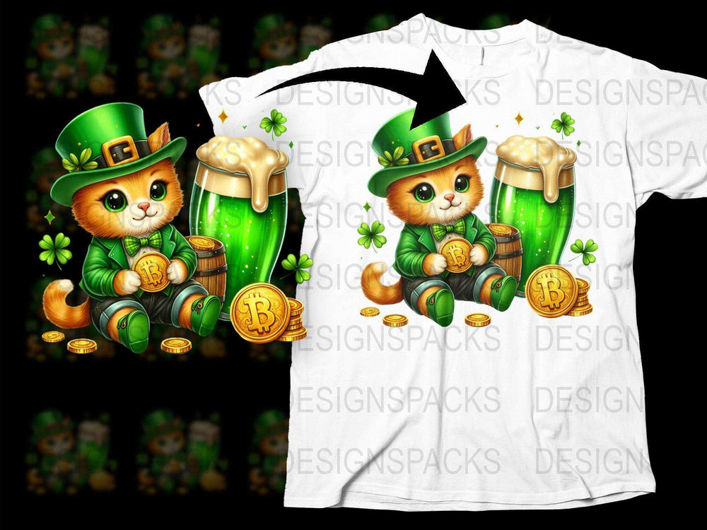 St. Patrick's Day T-Shirt, Cute Cat Design, Leprechaun Hat, Beer and Coins Graphic Tee