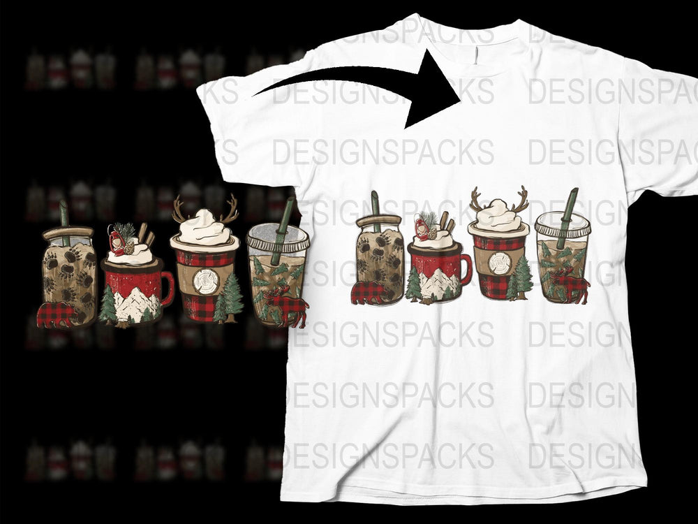 Christmas Coffee Cups Graphic T-Shirt, Festive Holiday Drinks Design, Winter Fashion Casual Wear, Unisex White Tee