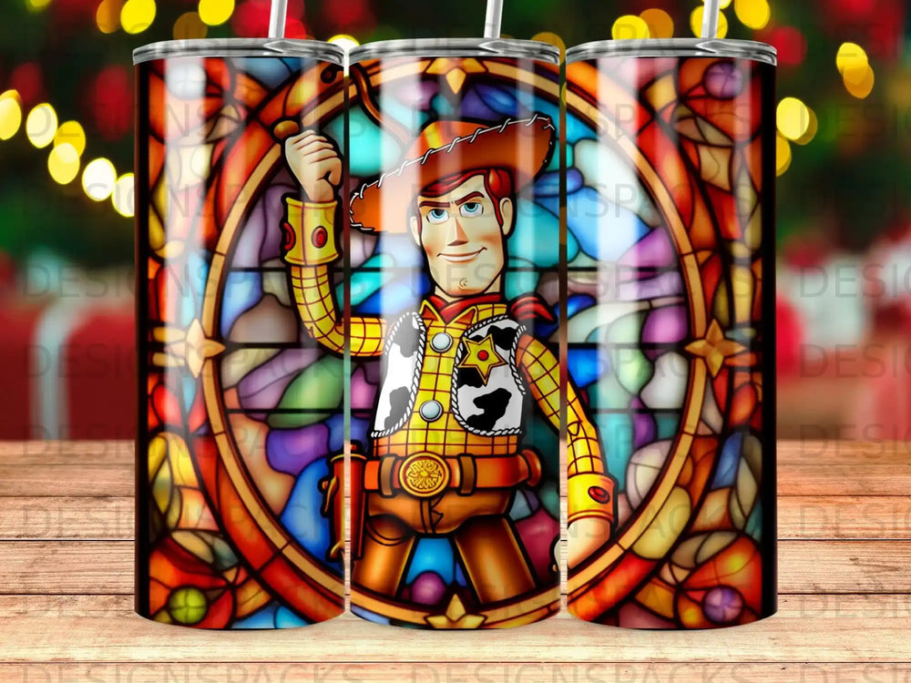 Woody from Toy Story in front of a stained glass window.