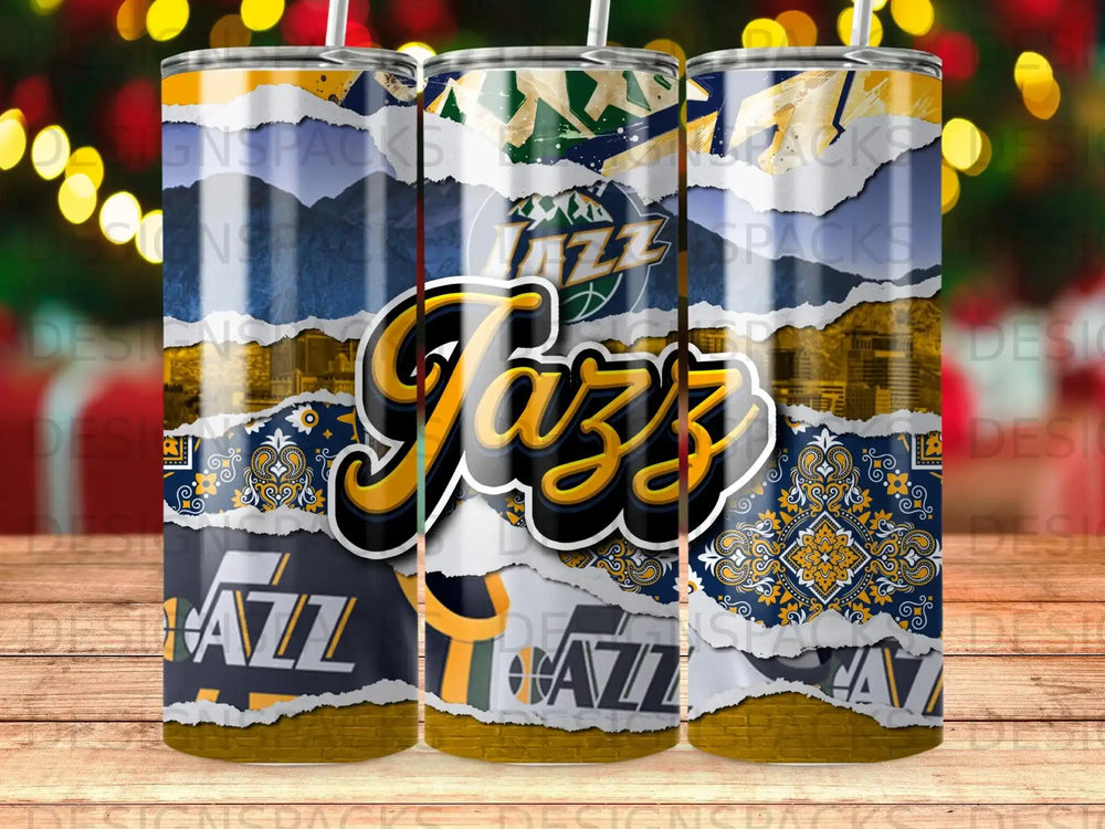Utah Jazz logo and team name on a ripped paper design tumbler.