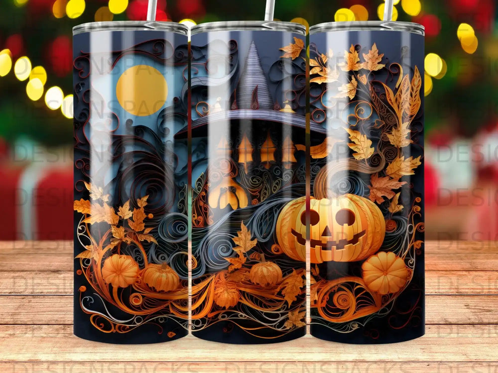 Halloween tumbler with witch hat, pumpkin, and swirling fall leaves.