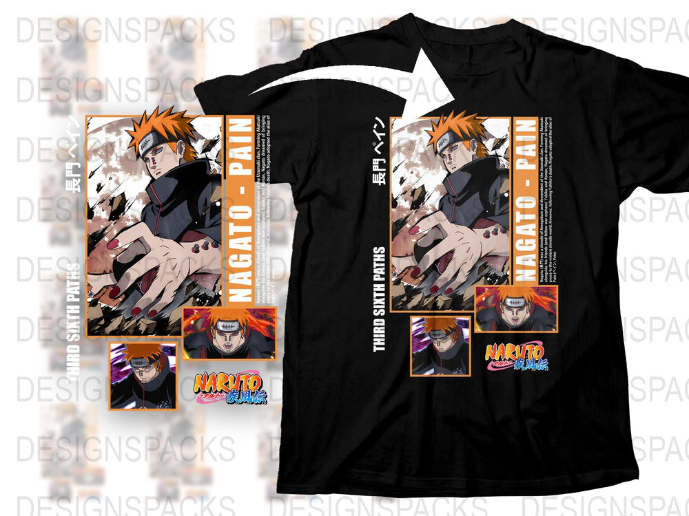 Naruto Anime Graphic T-Shirt, Pain Nagato Design, Unisex Black Tee, Manga Fan Apparel