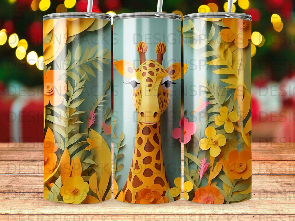 Three tumblers featuring a giraffe and floral papercraft design against a green background.
