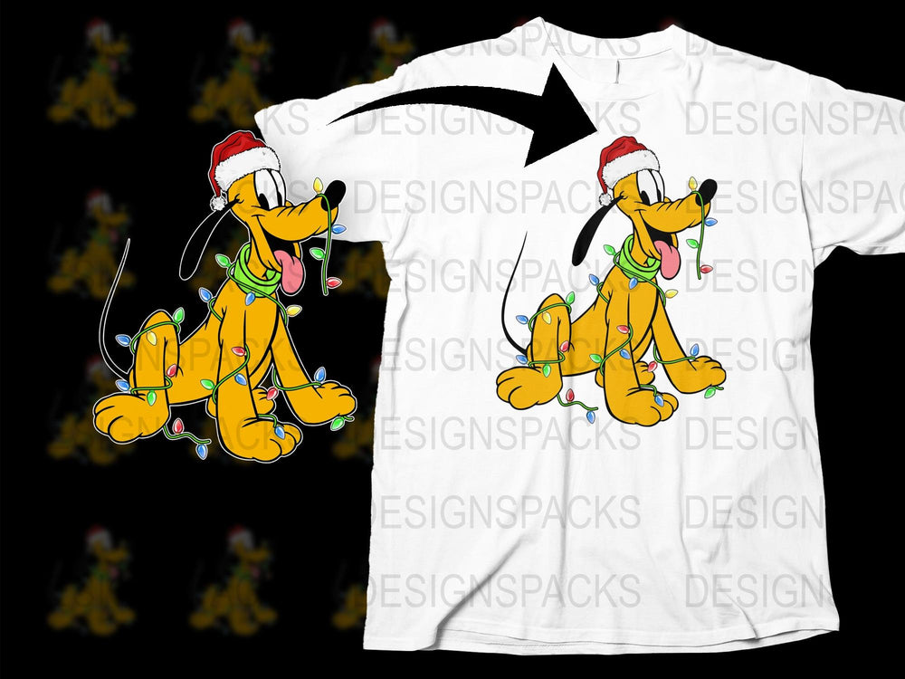 Festive Cartoon Dog T-Shirt, Cute Christmas Lights and Santa Hat Design, Kids and Adults Casual Wear