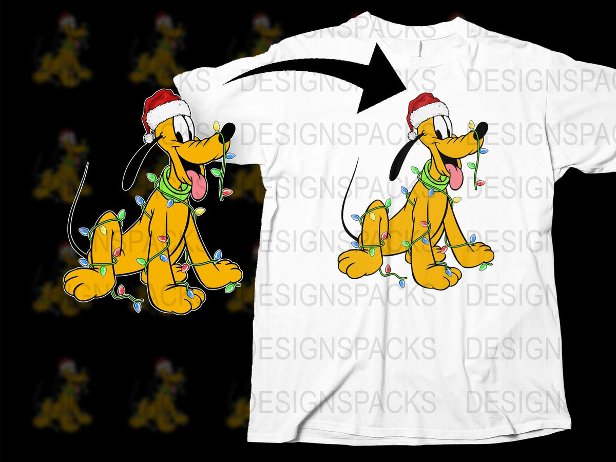Festive Cartoon Dog T-Shirt, Cute Christmas Lights and Santa Hat Design, Kids and Adults Casual Wear