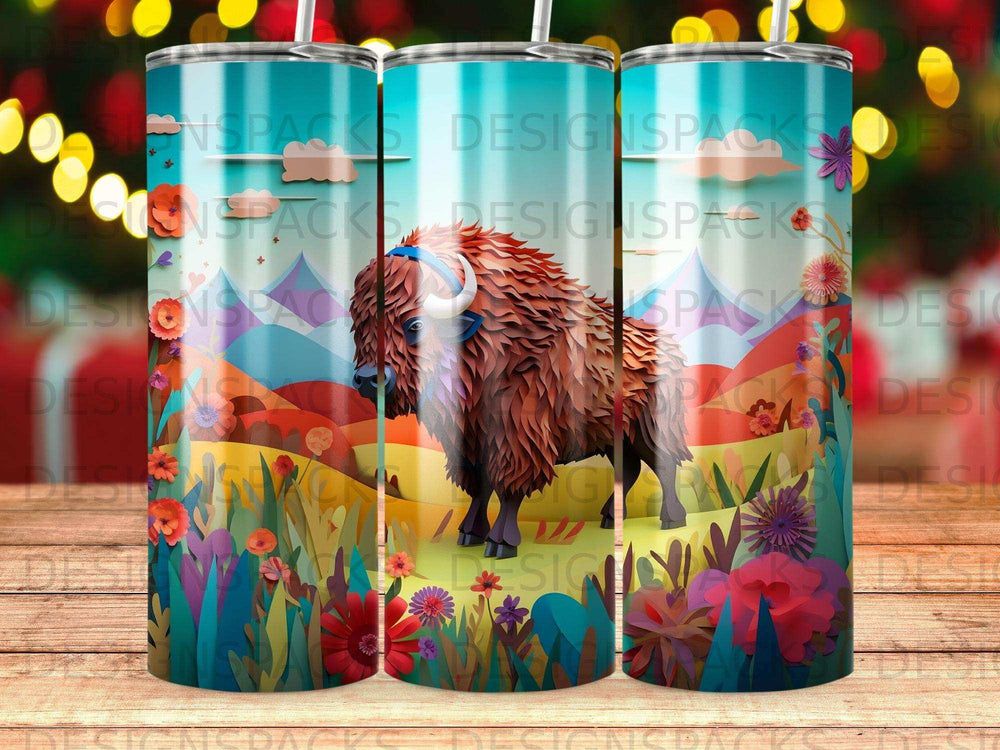 Tuscan-style bison against a colorful landscape on a stainless steel tumbler.