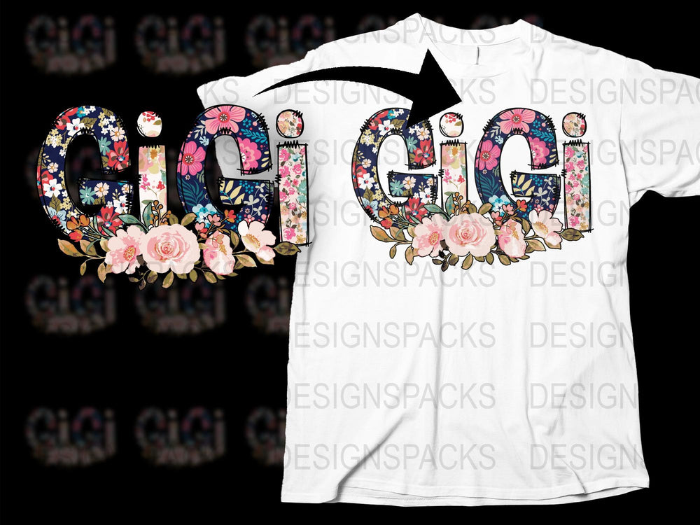 Floral Pattern Gigi T-Shirt, Feminine Graphic Tee, Custom Floral Letters, Unique Grandmother Gift, Colorful Blossom Design Shirt