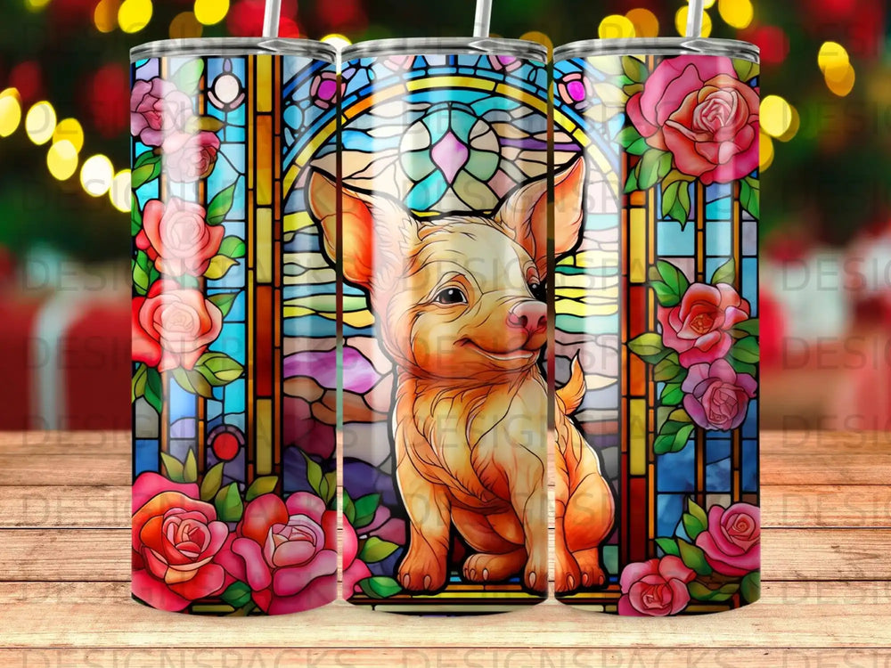 Chihuahua in stained glass with roses, detailed.