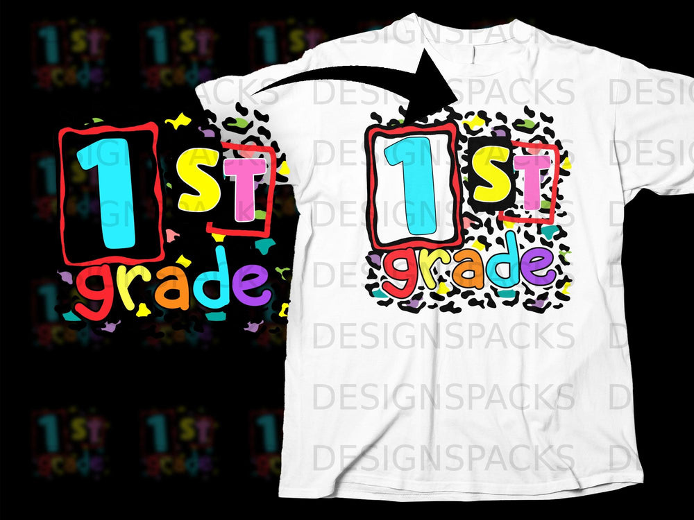 Colorful "1st grade" text with leopard print background on white t-shirt.