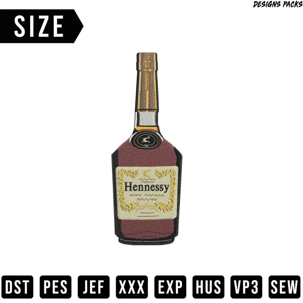 Hennessy bottle embroidery design with file formats listed below.