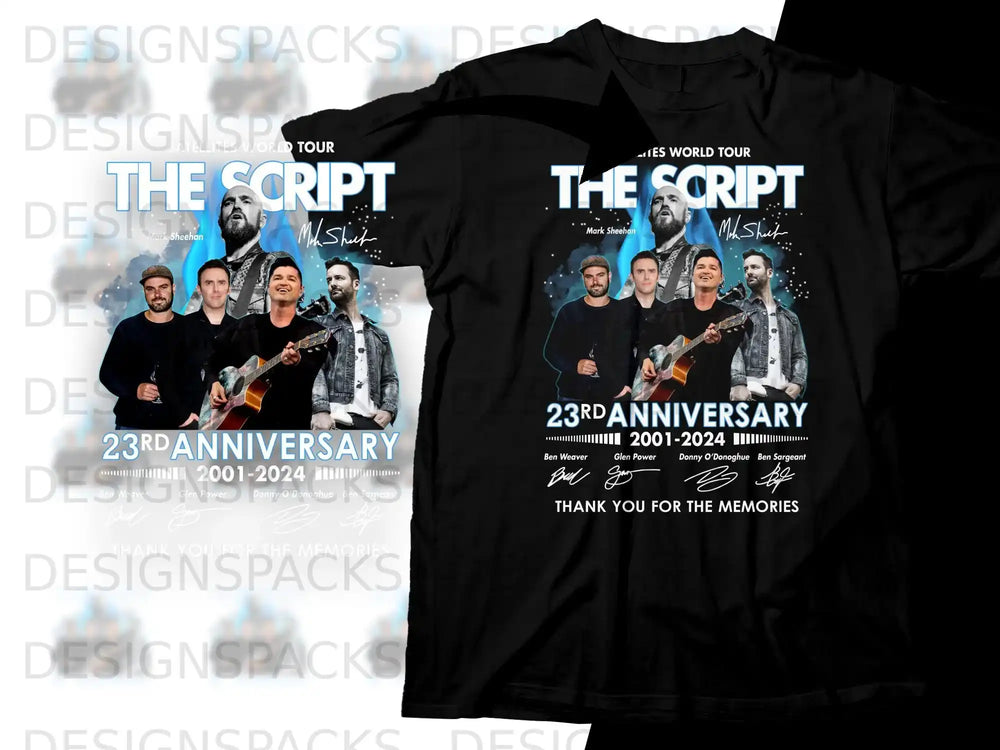 Black t-shirt with "The Script" band and "23rd Anniversary" text.