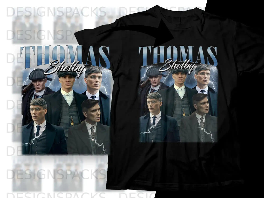 Thomas Shelby graphic on a black t-shirt with a collage of show characters.