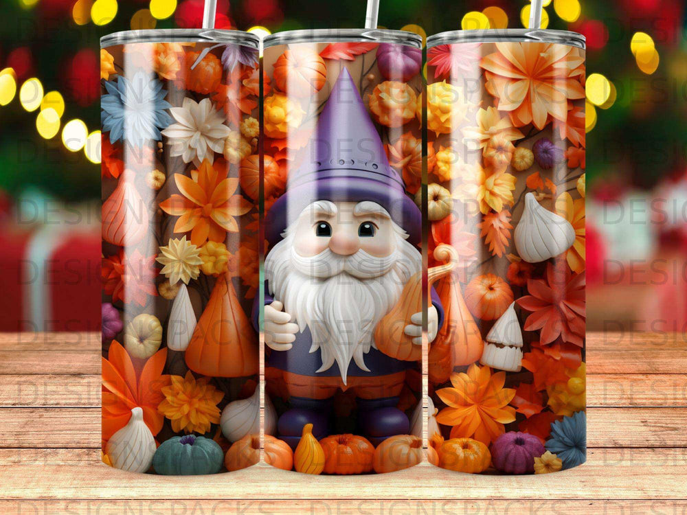 Gnome with pumpkins and autumn leaves pattern on tumbler.