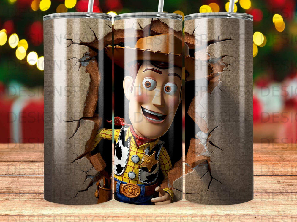 Woody peeking through a cracked wall on a tumbler.