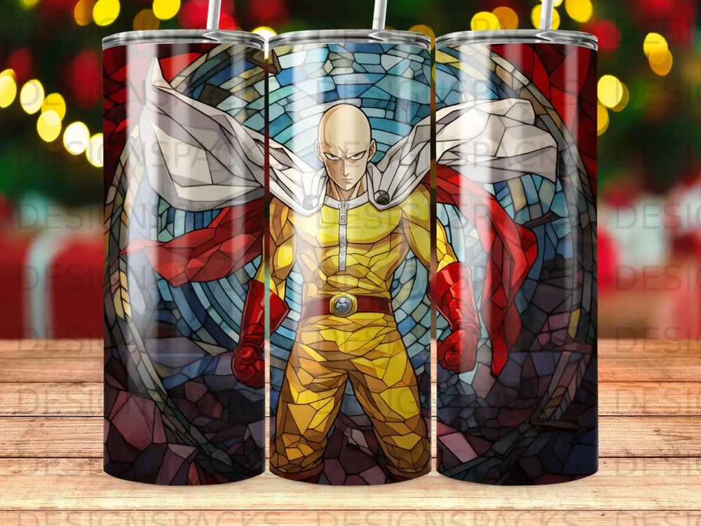 Saitama from One Punch Man in a yellow suit and red cape.