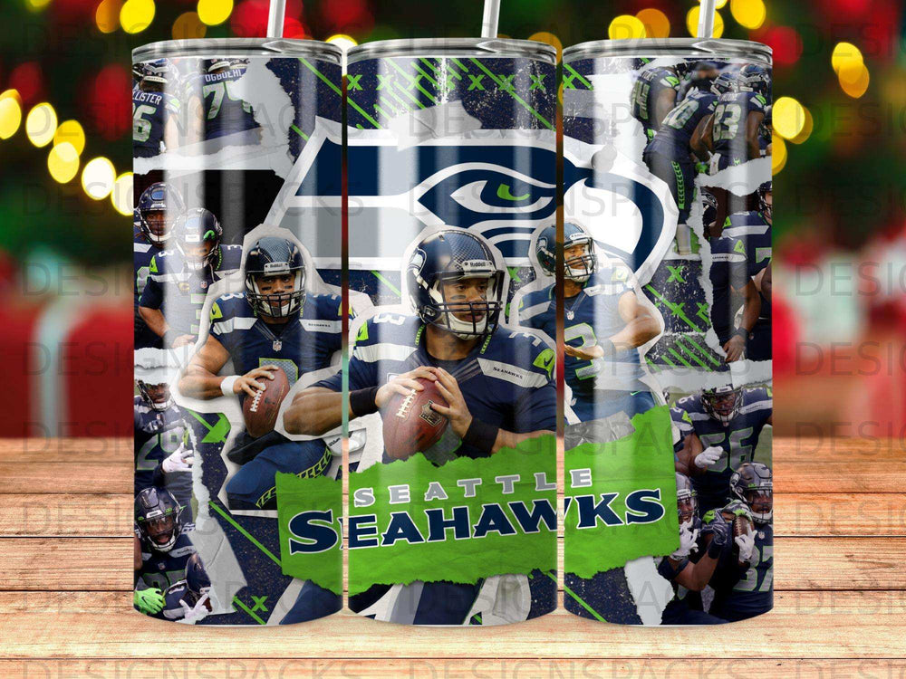 Seattle Seahawks collage with players and team logo.