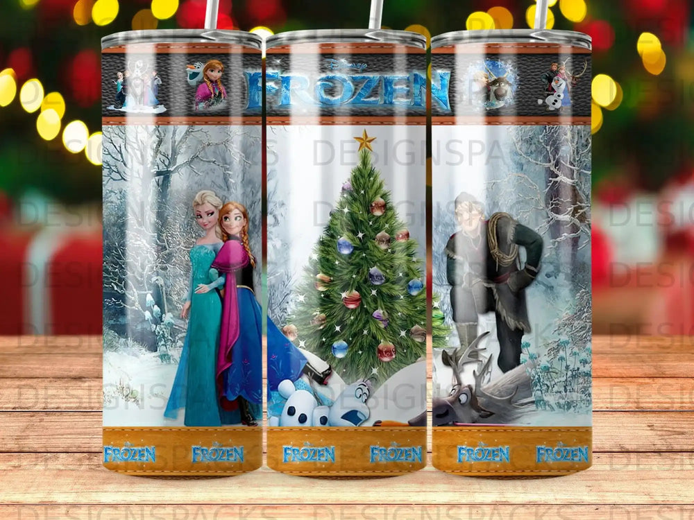 Frozen characters on tumblers with a winter forest and Christmas tree scene.