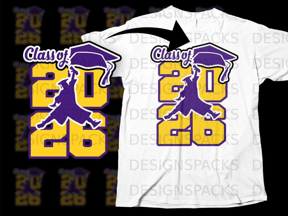 "Class of 2026" graphic with graduation cap and silhouette on white t-shirt.