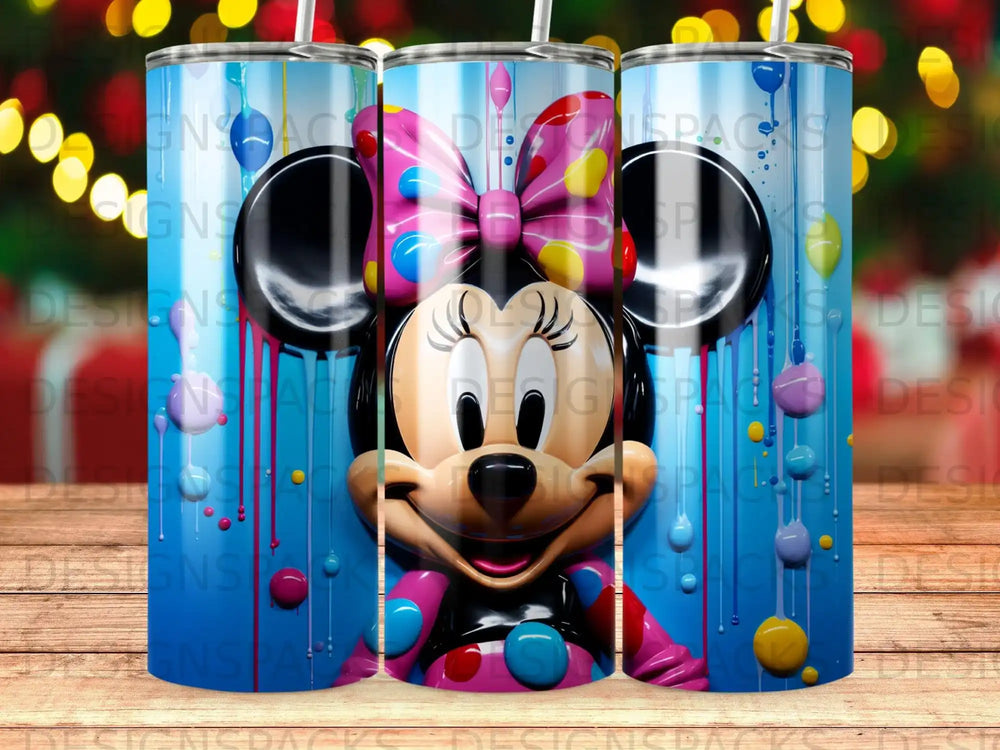 Minnie Mouse with colorful polka dots and dripping paint pattern.