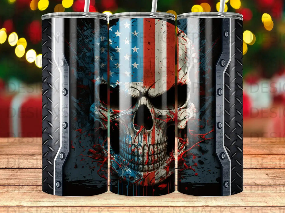 Skull with American flag design on a black tumbler.