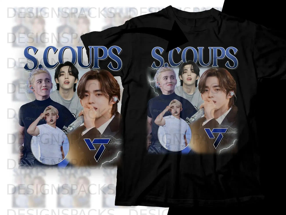 T-shirt featuring S.coups with five bandmates in a collage with lighting effects.