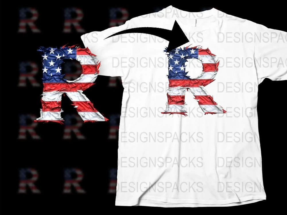 Patriotic USA Flag Letter R T-Shirt, American Flag Print, Unisex Graphic Tee, Independence Day Apparel