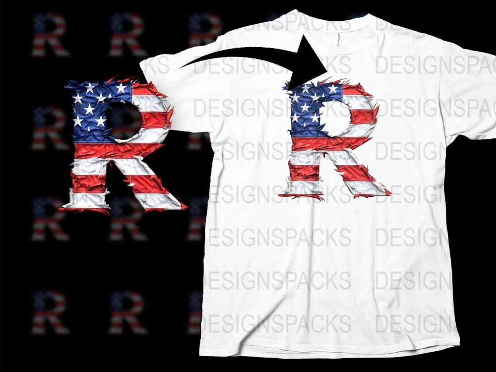 Patriotic USA Flag Letter R T-Shirt, American Flag Print, Unisex Graphic Tee, Independence Day Apparel