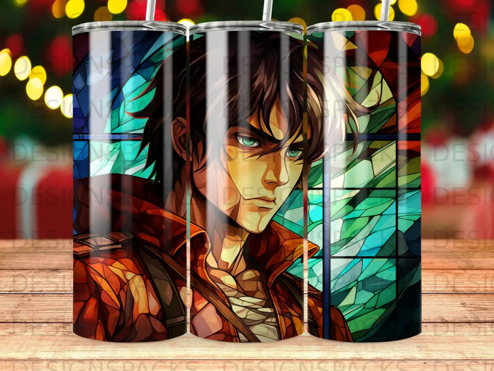 Anime character with green eyes and brown hair, set against stained glass.