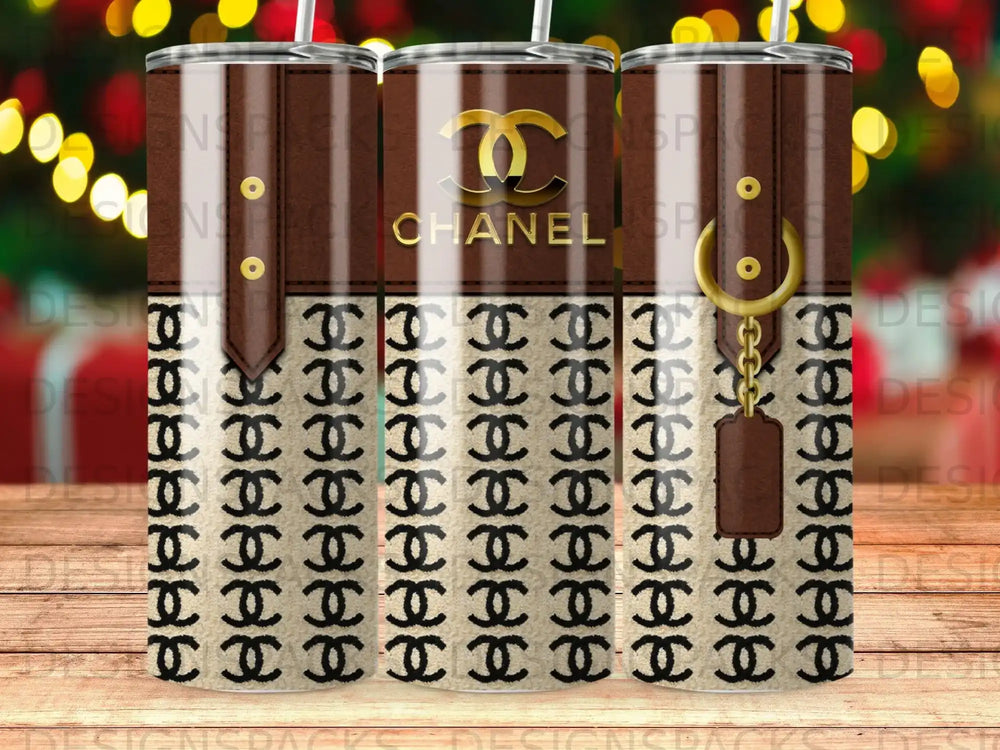 Chanel tumbler with interlocking C logo pattern and gold hardware detail.