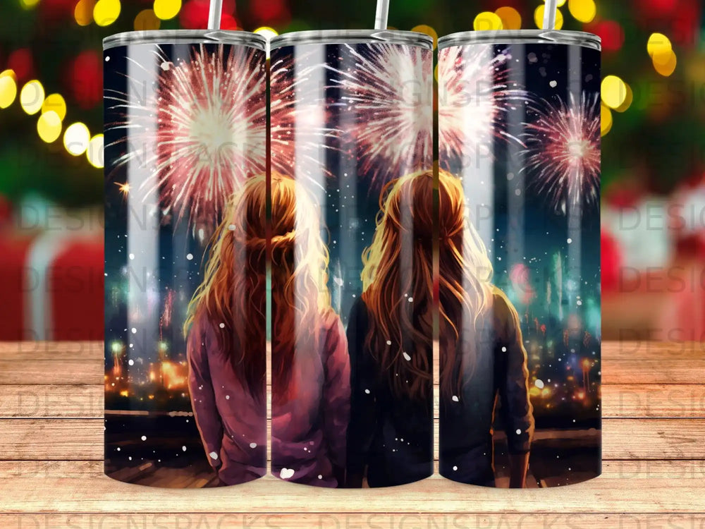 Two girls watch colorful fireworks over a city skyline.